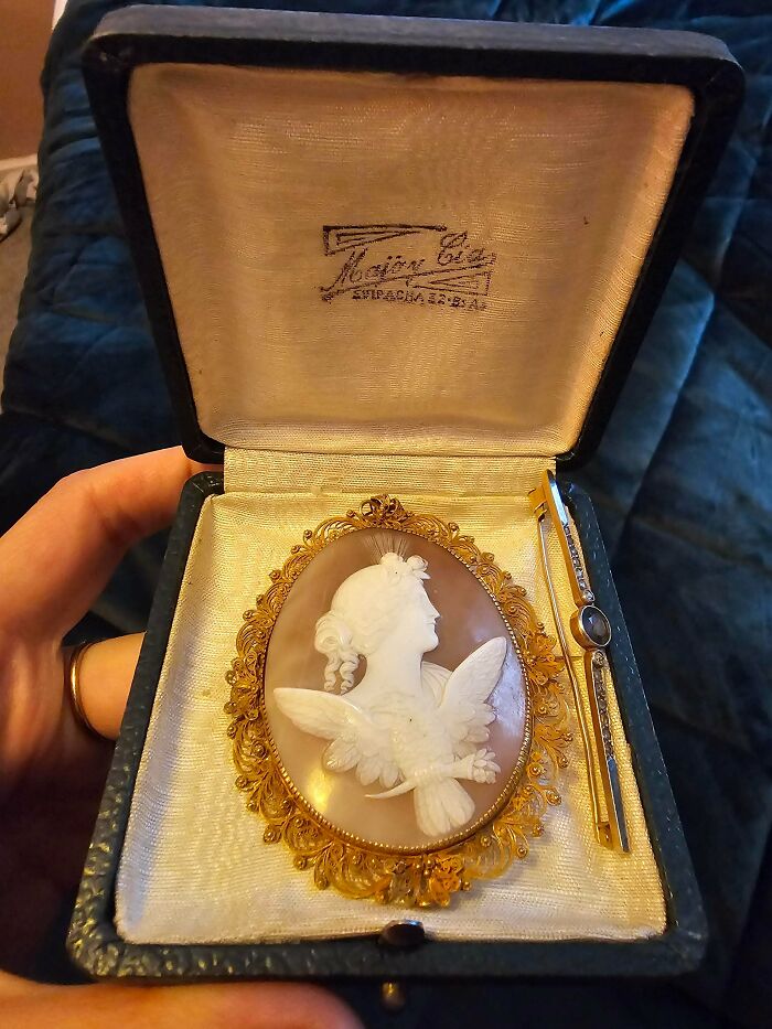 A remarkable antique cameo brooch in an open dark blue velvet box, featuring a detailed white profile of a woman with wings.