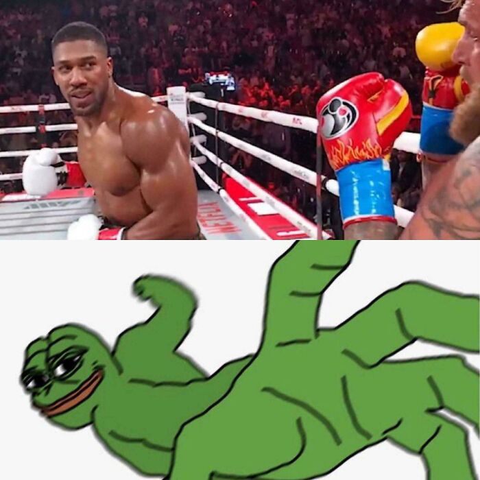 Boxer Anthony Joshua in a ring, contrasted with a flexing Pepe the Frog meme, among the internet's favorite moments.