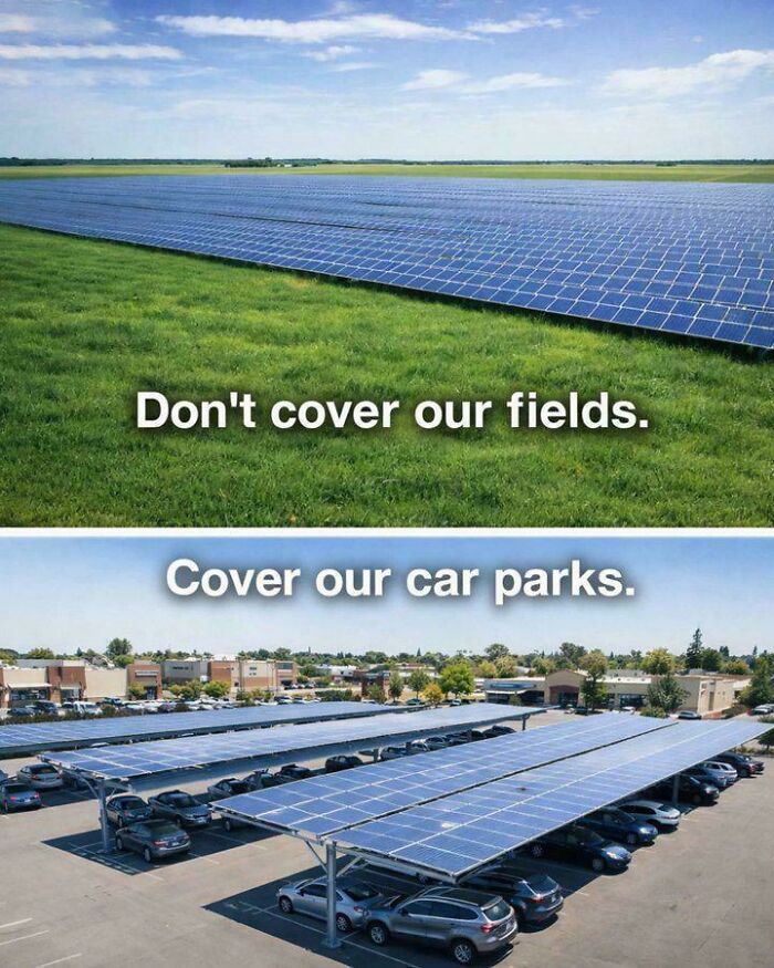 Solar panels on a field versus over a car park, illustrating a favorite moment for sustainable energy.