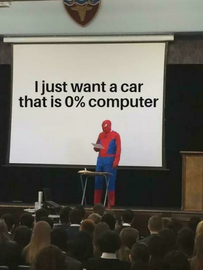 Spiderman presenting a meme about wanting a car that is 0% computer. One of the internet's favorite moments.