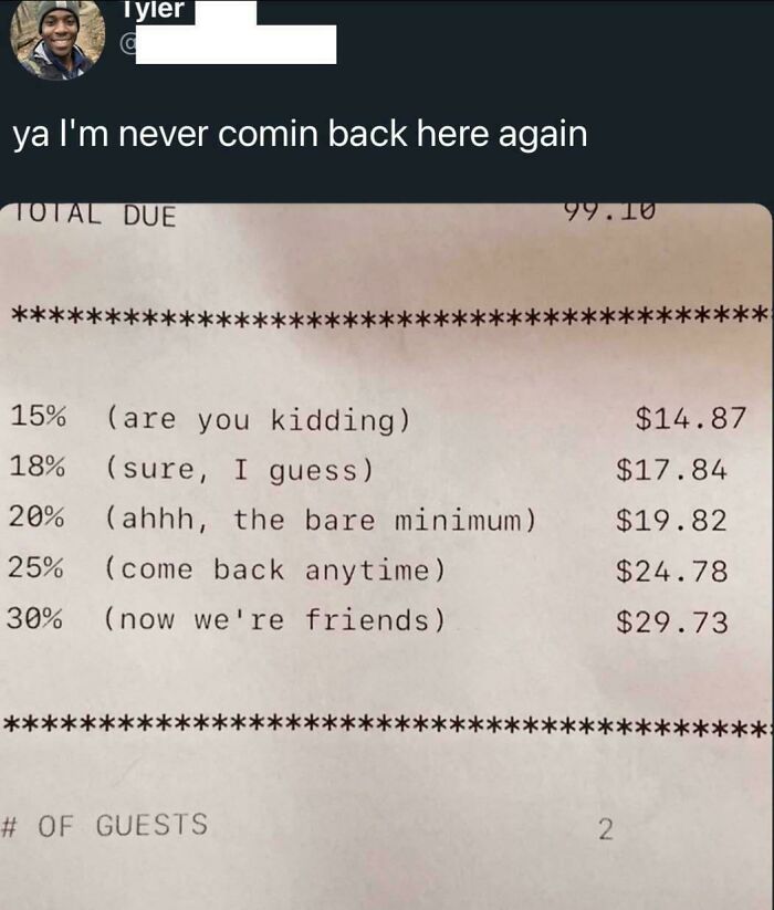 A restaurant bill showing various tip percentages with humorous descriptions, a favorite internet moment.