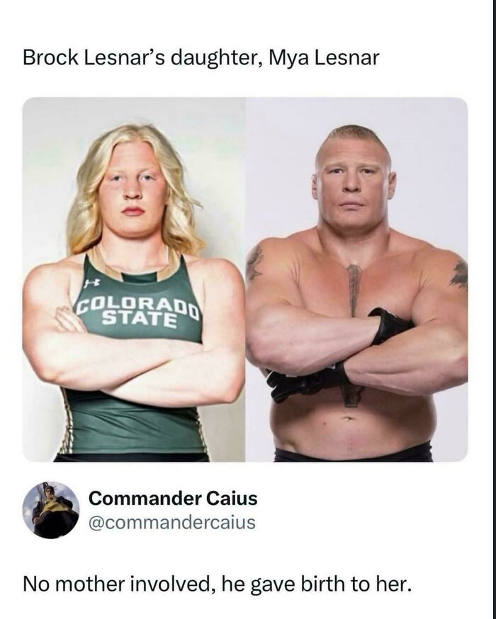 Mya Lesnar and Brock Lesnar standing side-by-side, sharing a striking resemblance. One of the internet's favorite moments.