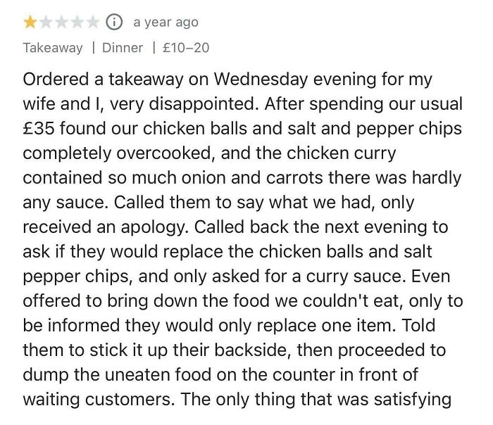 A social media post of a negative review about a takeaway order, where a customer took entitlement to an unbelievable level and earned themselves a Karen reputation.