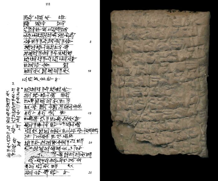 Ancient cuneiform clay tablet with inscription and translation