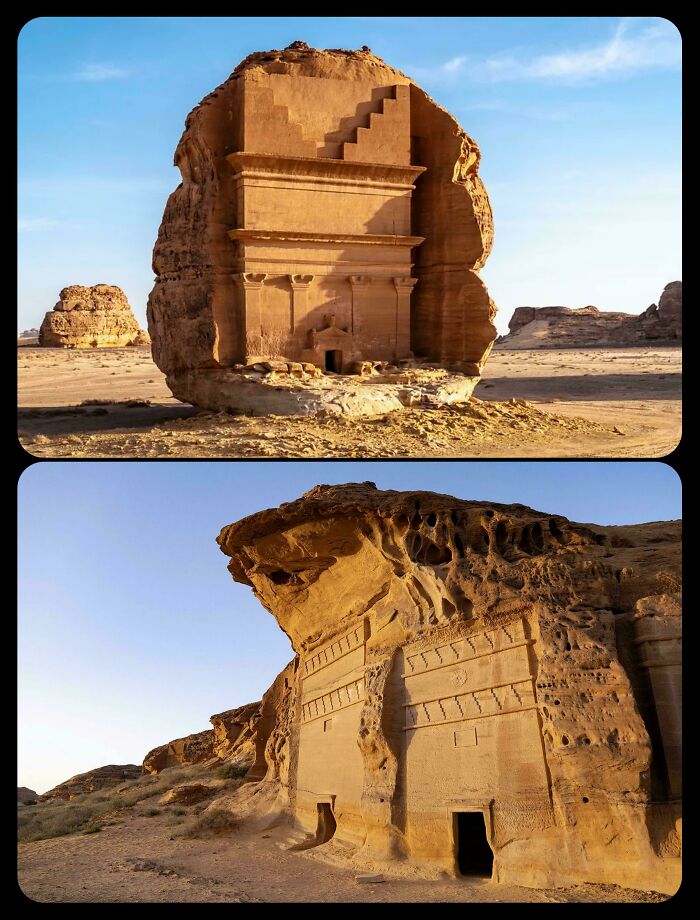 Ancient rock-cut tombs in desert showing archaeological discoveries