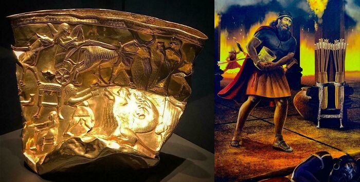 Golden ancient cup featuring engraved mythological scenes from incredible archaeological find