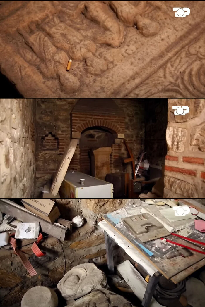 Archaeological workshop with ancient stone artifacts and tools uncovered in excavation site