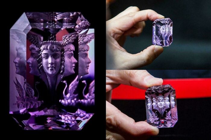 Detailed purple gemstone carving with multiple faces discovery