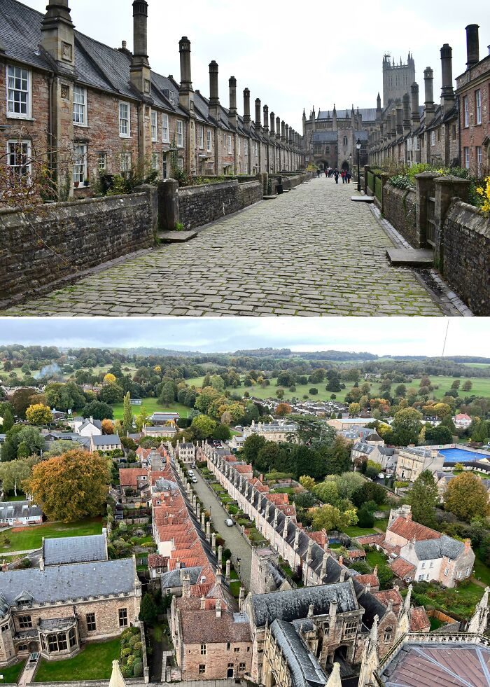 Historic medieval street with old buildings and cathedral view
