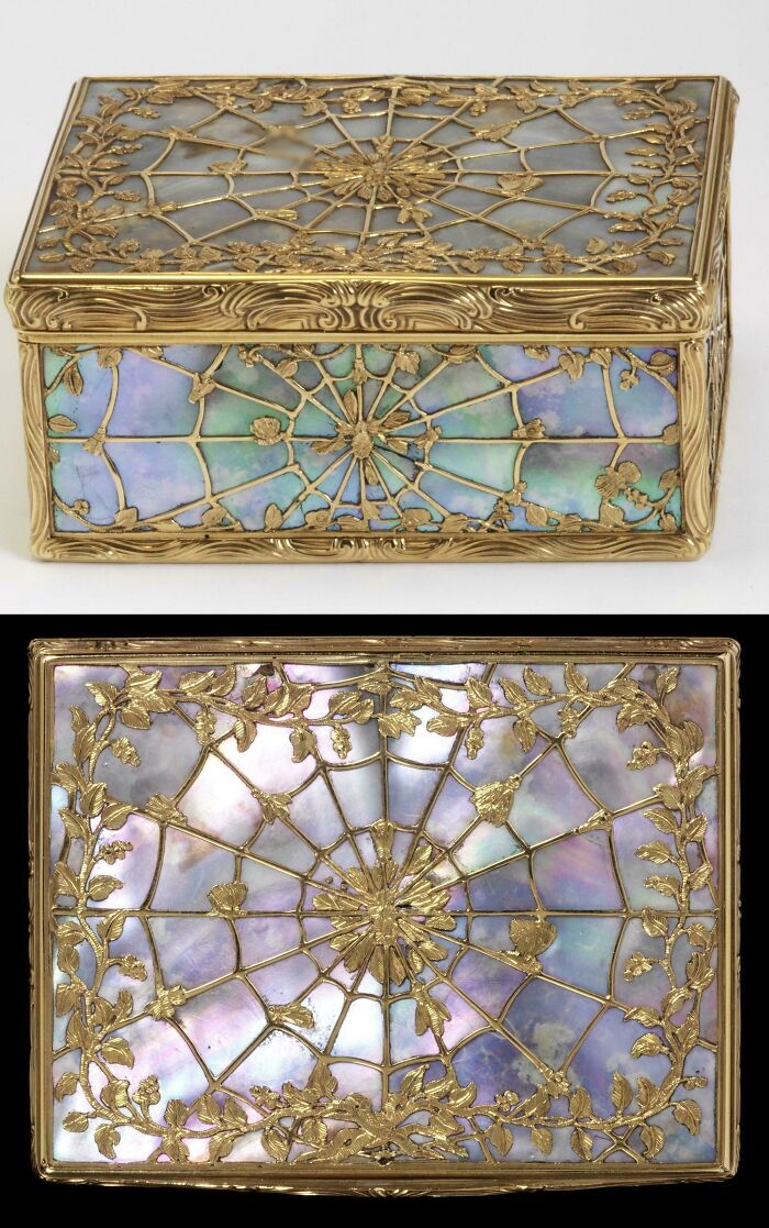 Antique decorative box with mother of pearl and golden spider web design discovery