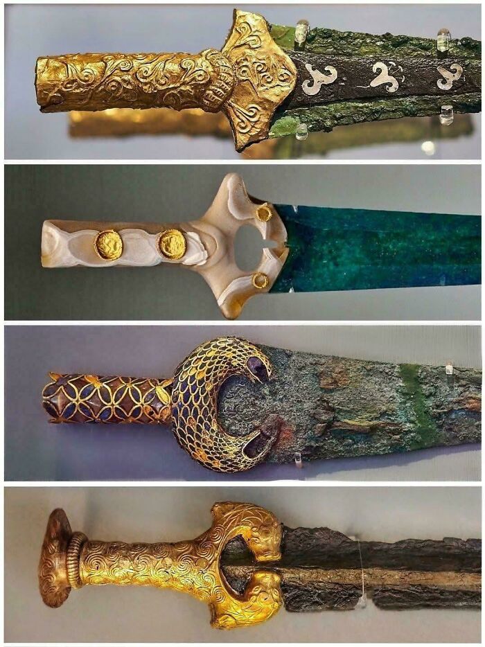 Collection of ancient swords with intricate gold and metal designs discovered in historic era