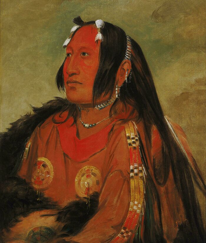 Portrait painting of Native American man with red face paint and traditional attire