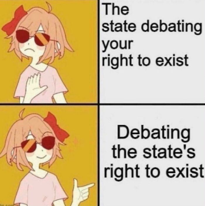 A two-panel meme illustrating the concept of debating the state's right to exist, a harsh truth.