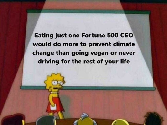 Lisa Simpson presenting to a group about the harsh truth of climate change solutions and CEOs.