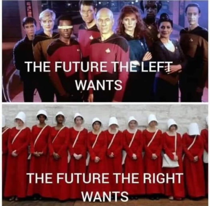 A two-panel image from the Delusions of Adequacy online group, contrasting the future the Left and Right want.