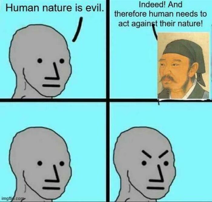 A four-panel meme from the Delusions of Adequacy online group, illustrating human nature and philosophical arguments.