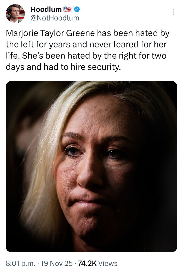 A tweet from Delusions of Adequacy discussing Marjorie Taylor Greene hiring security after being hated by the right.