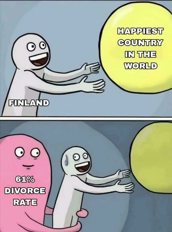 A meme from Delusions of Adequacy showing Finland reaching for the happiest country while a high divorce rate pulls it back.