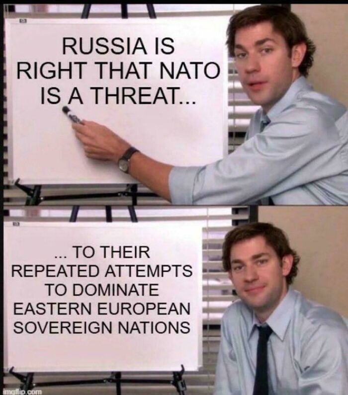 A meme from Delusions of Adequacy showing a man explaining Russia is right that NATO is a threat to their domination.