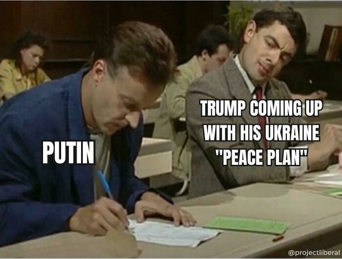 A meme from Delusions of Adequacy showing Putin writing while Trump looks over, labeled Trump’s Ukraine peace plan.