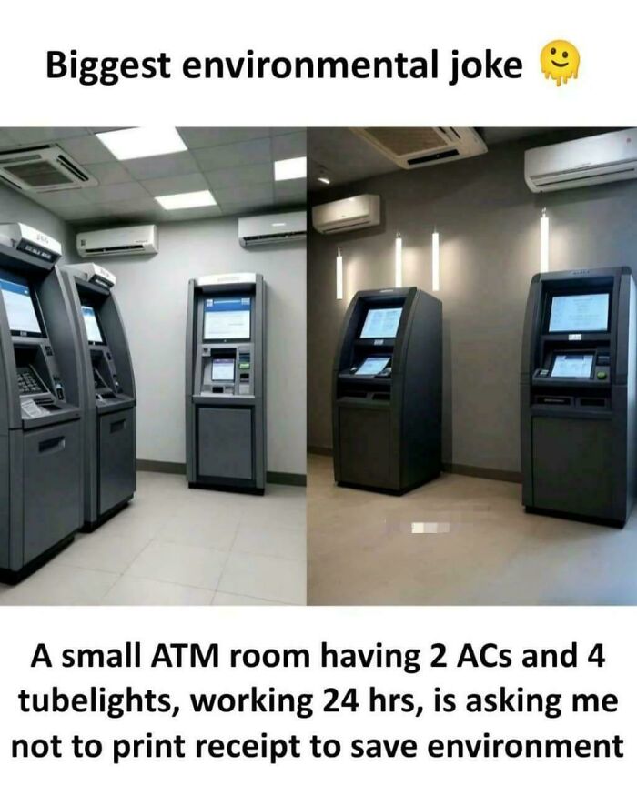 An image showing an ATM room with multiple ACs and tubelights, humorously illustrating delusions of adequacy.