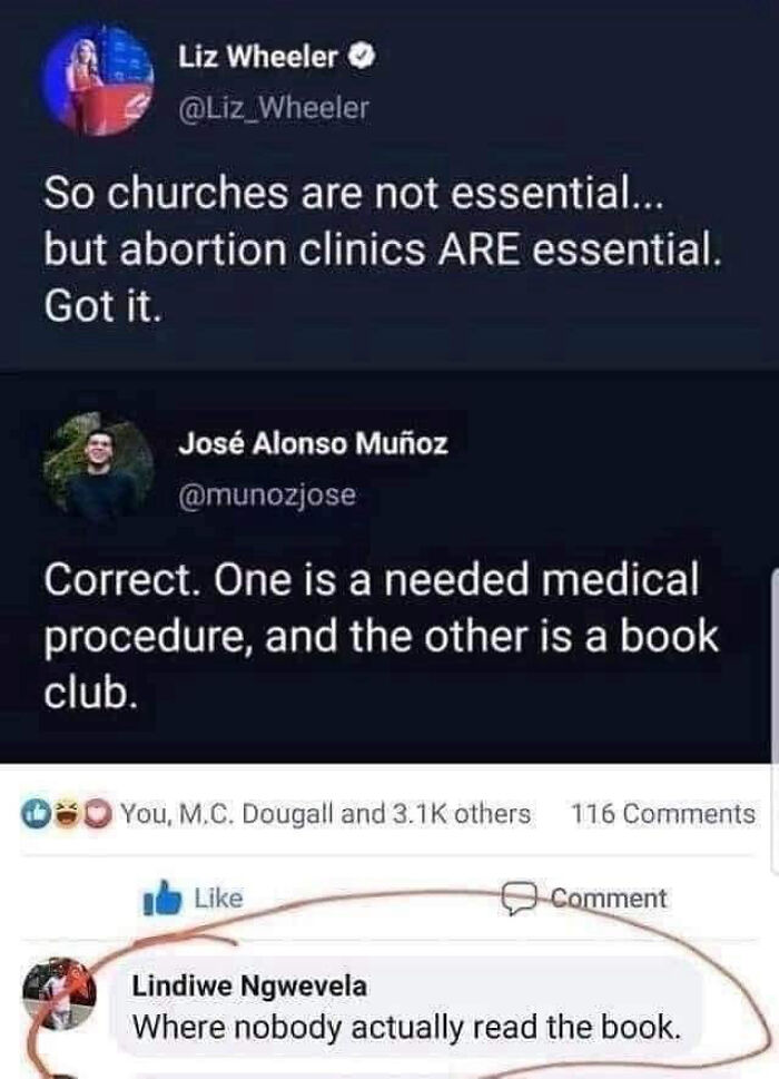 A social media exchange about essential services, comparing churches and abortion clinics, featuring delusions of adequacy.