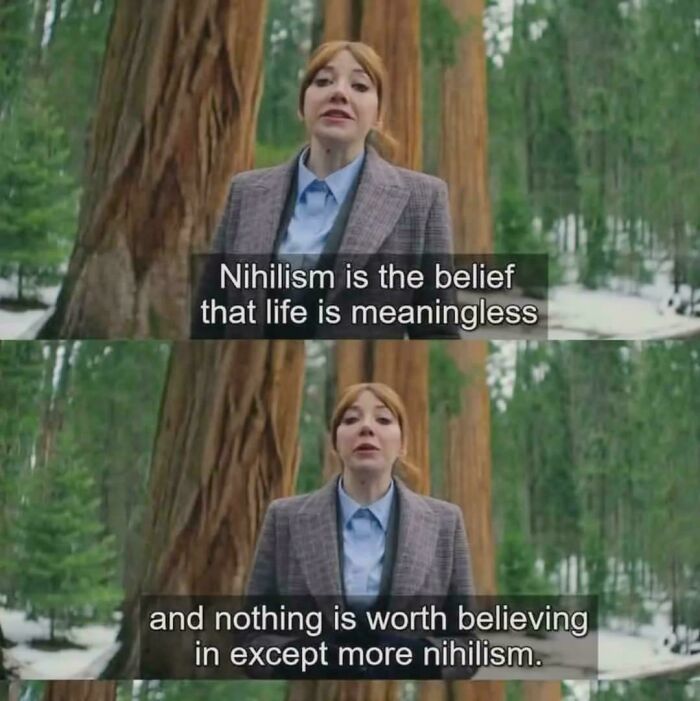 A screenshot defining nihilism, a post from the online group Delusions of Adequacy.