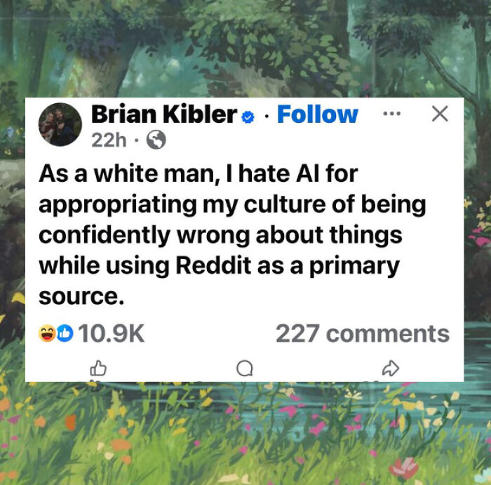 Social media post by Brian Kibler about AI appropriating culture, a wild post from delusions of adequacy online group.