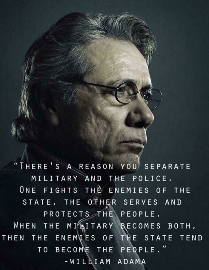 Quote about the separation of military and police, highlighting delusions of adequacy and harsh truth in online groups.