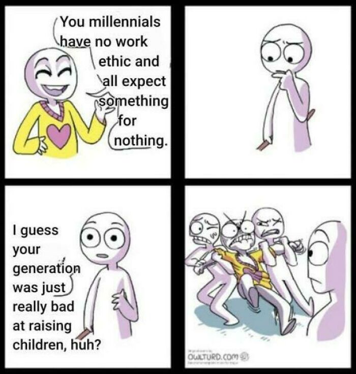 Four-panel comic illustrating an argument about millennial work ethic, a post about delusions of adequacy.