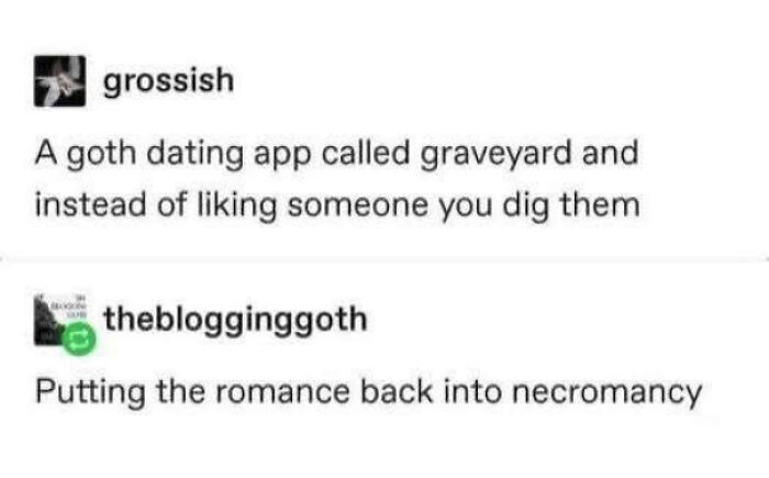 Screenshot of a Tumblr post discussing a goth dating app, an example of delusions of adequacy in humor.