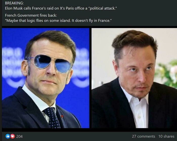 Image of Emmanuel Macron and Elon Musk, illustrating delusions of adequacy regarding political attacks.