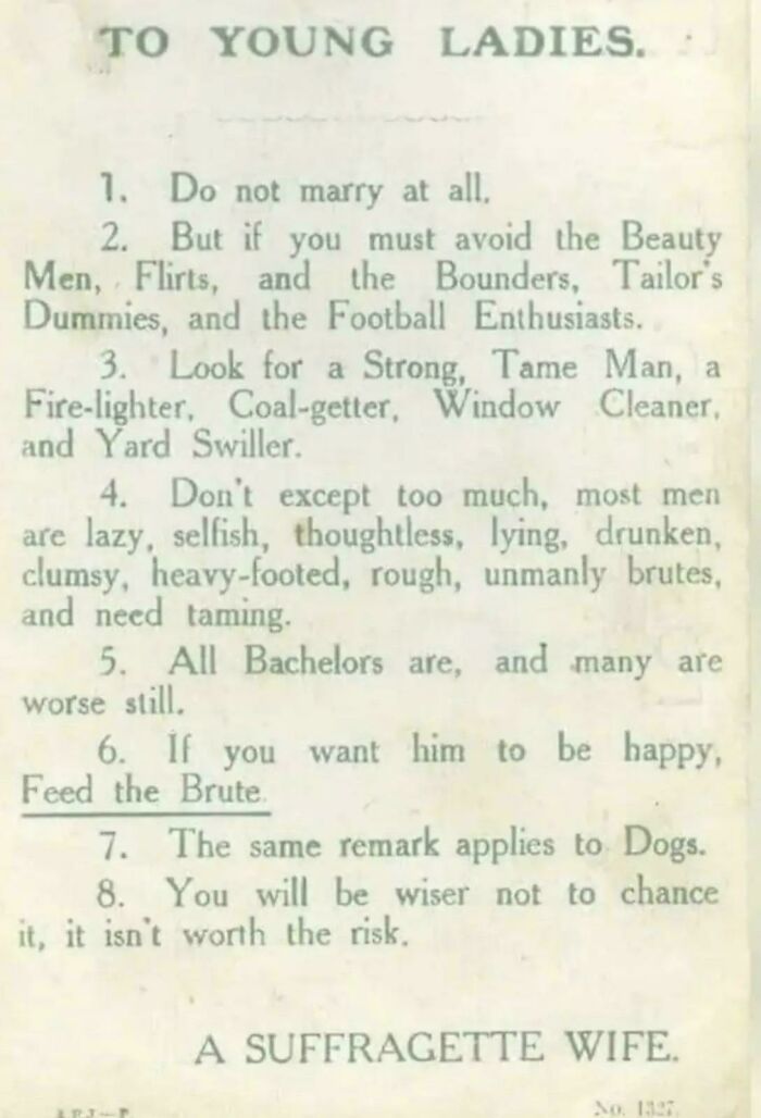 A historical photo of a paper titled TO YOUNG LADIES with advice from a SUFFRAGETTE WIFE, sharing emotional insights.