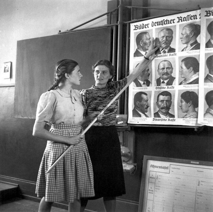 Fascinating historical photo of two women with a chart titled Bilder deutscher Rassen, highlighting emotional historical photos.