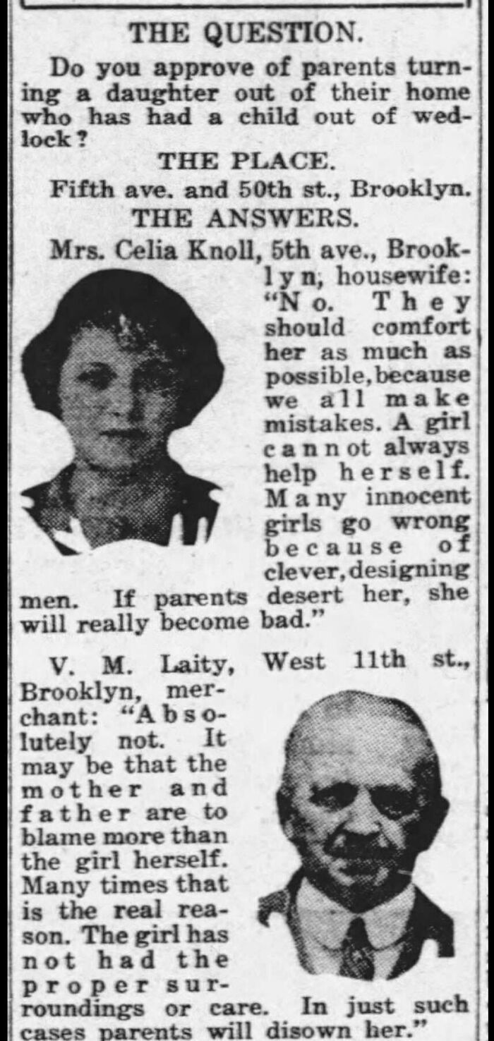 Newspaper clipping asking if parents should turn out a daughter with a child out of wedlock, a fascinating historical photo