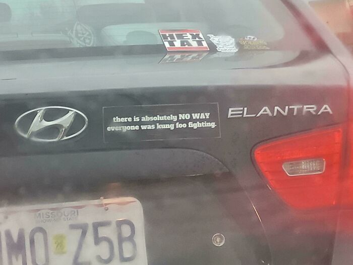 Unfiltered bumper sticker on a car's rear that reads there is absolutely NO WAY everyone was kung foo fighting.
