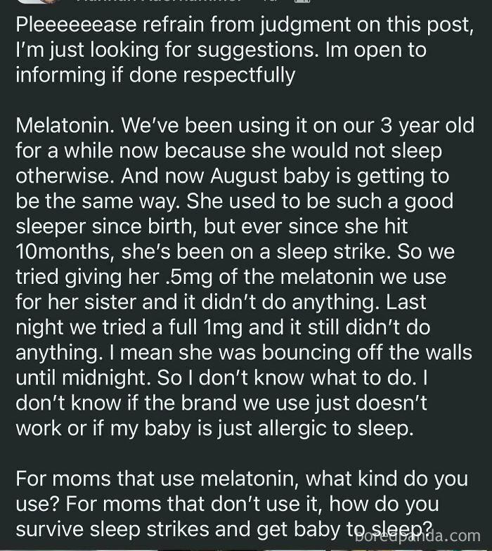 A social media post from a parenting group shows an unhinged mom asking for melatonin for her child.