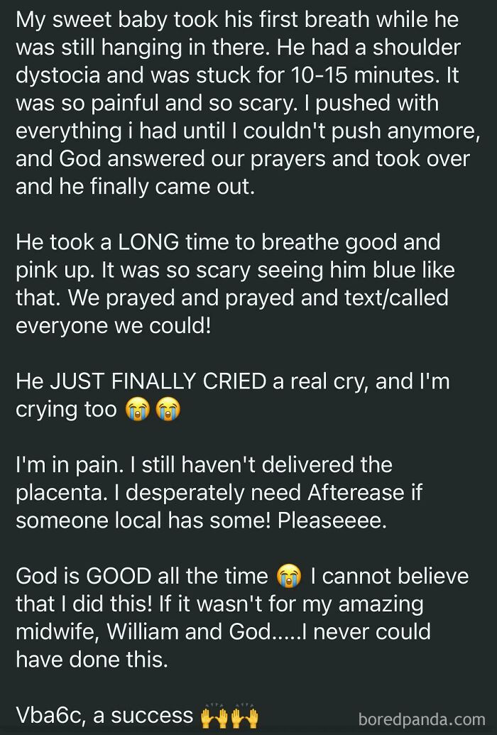 A social media post from a parenting group showing a mom sharing a birth story and asking for Afterease.