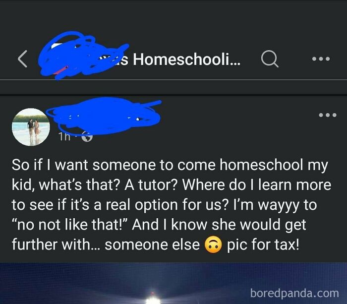 An irresponsible mom seeks help for homeschooling her child, stating she needs someone else to teach them in a parenting group.