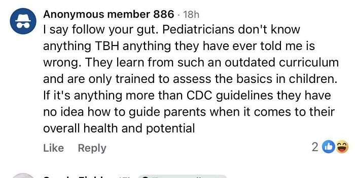 A comment from an anonymous member of a parenting group criticizing pediatricians, showcasing irresponsible and unhinged mom.