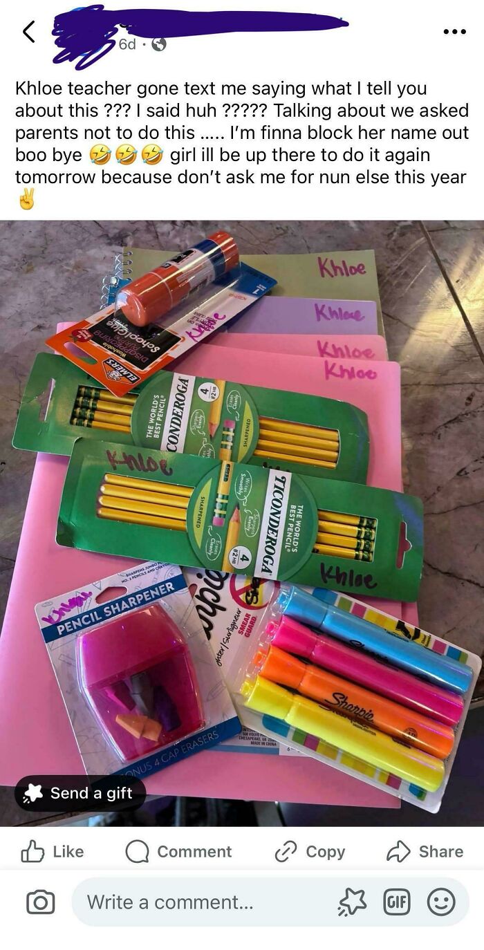 A social media post from an unhinged mom showing school supplies and complaining about a teacher's request.