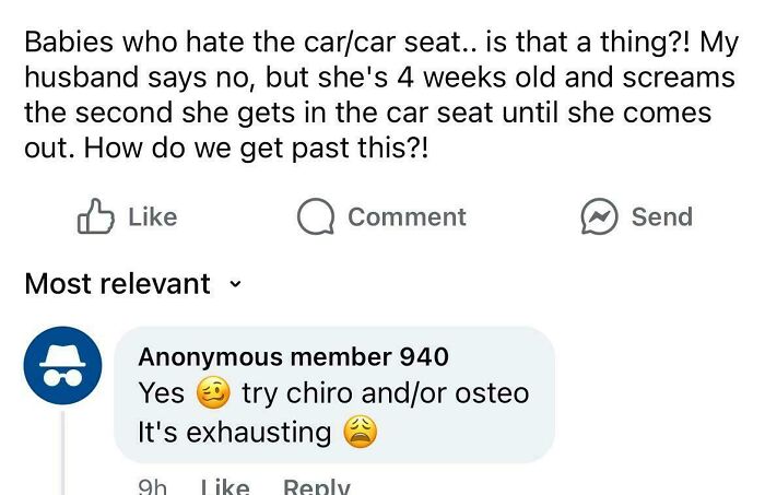 A social media post from an unhinged mom asking for advice about her baby screaming in the car seat.