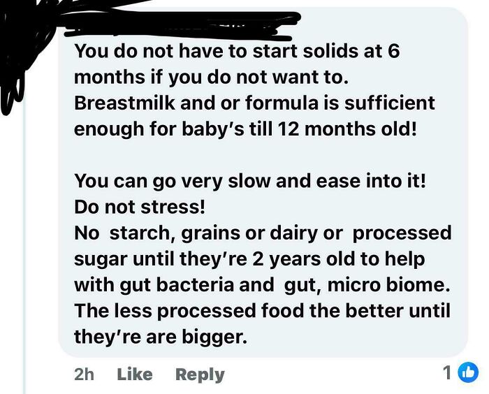 Screenshot of a Facebook post from a parenting group sharing advice on when to start solids, recommending breastmilk/formula until 12 months, and avoiding certain foods until age two.