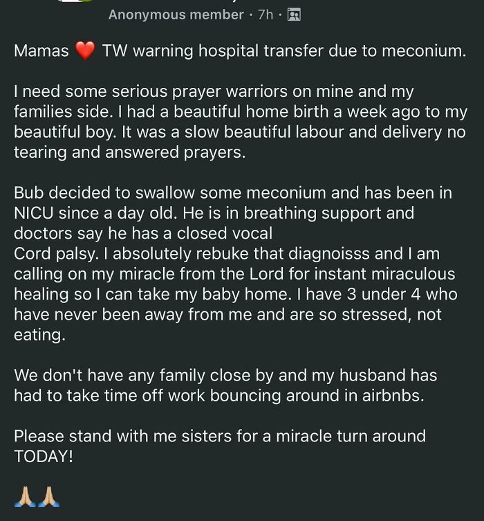 Screenshot of a Facebook post from a parenting group with a mom asking for prayers after her baby swallowed meconium and is in NICU, also mentioning a home birth.