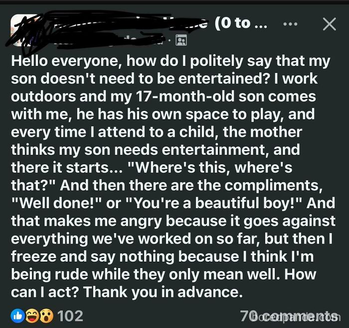 Screenshot of a Facebook post from a parenting group where a mom asks for advice on politely telling others her son does not need entertainment while she works.