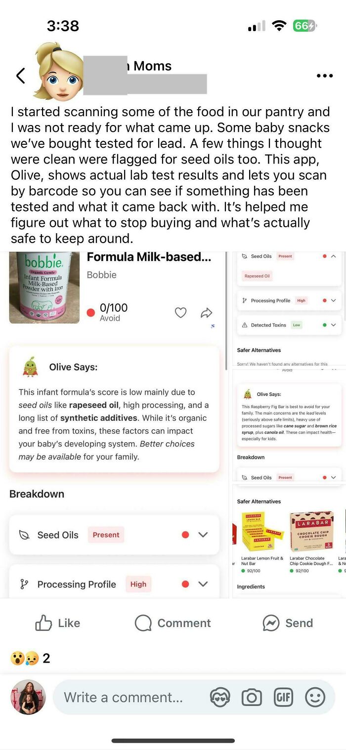 A parenting group post showing a mom scanning baby formula for seed oils using the Olive app, flagging it as unhealthy due to rapeseed oil and synthetic additives.