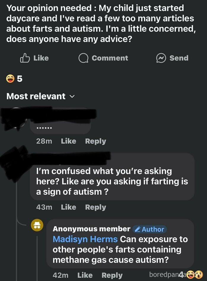 A social media post from a parenting group where an unhinged mom asks if farts containing methane gas can cause autism.