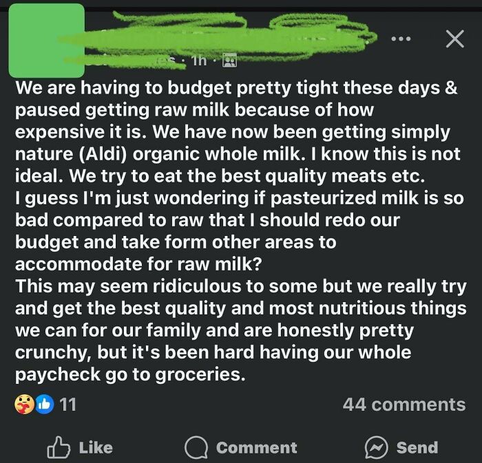 A social media post from a parenting group, where a mom discusses financial struggles and debates raw milk versus organic milk.