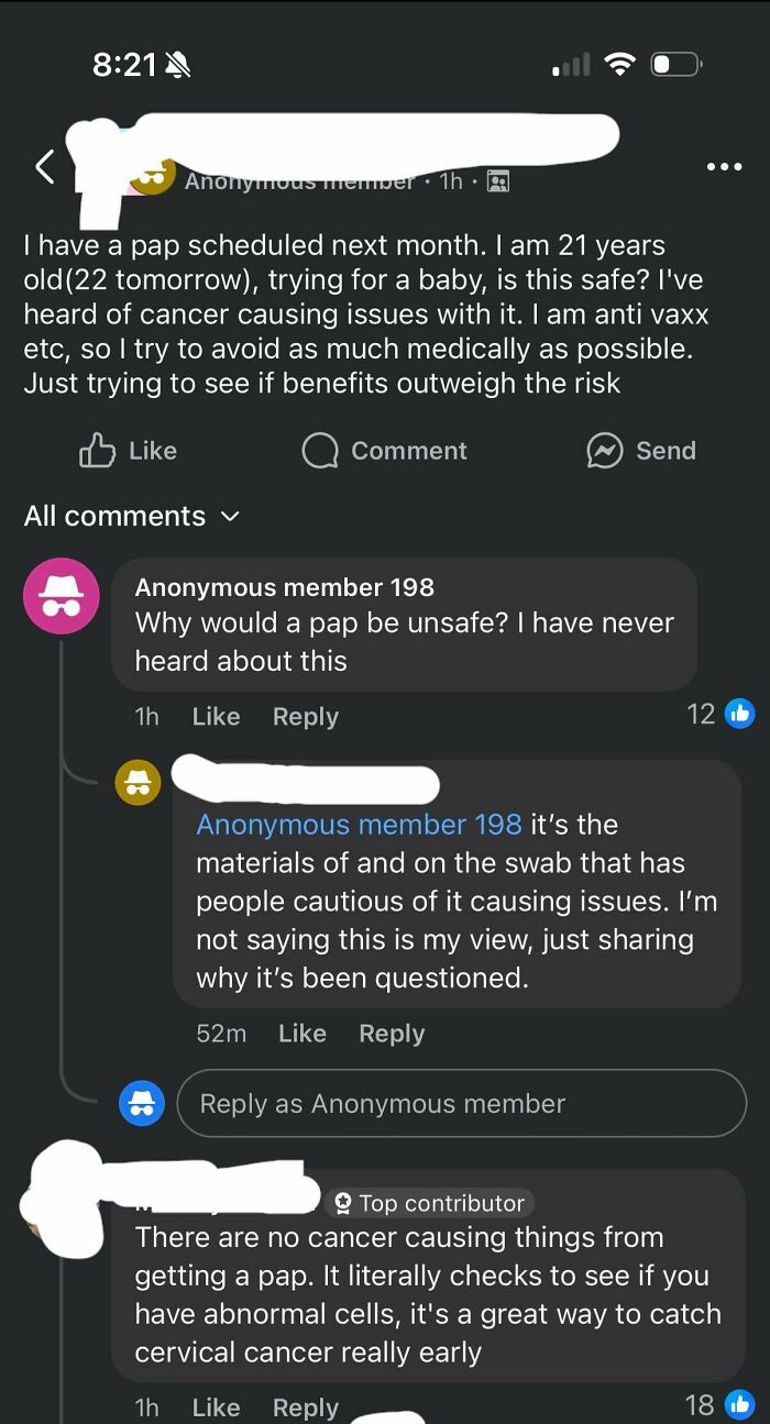 A screenshot from a parenting group featuring an unhinged mom asking if a pap smear is safe while trying to conceive.