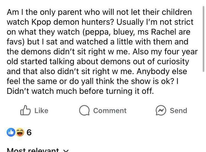 A social media post from a parenting group, where a mom asks about Kpop demon hunters and its effect on children, exposing irresponsible parenting.